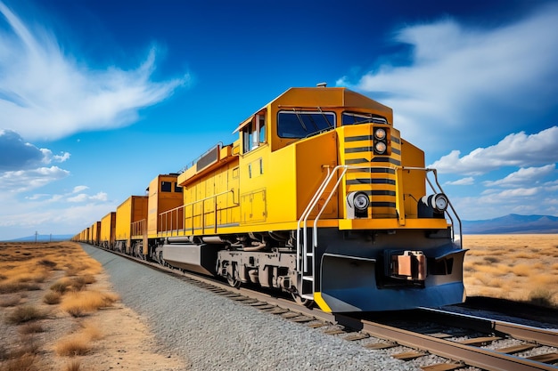 Industrial cargo train moving swiftly across expansive railroad landscape
