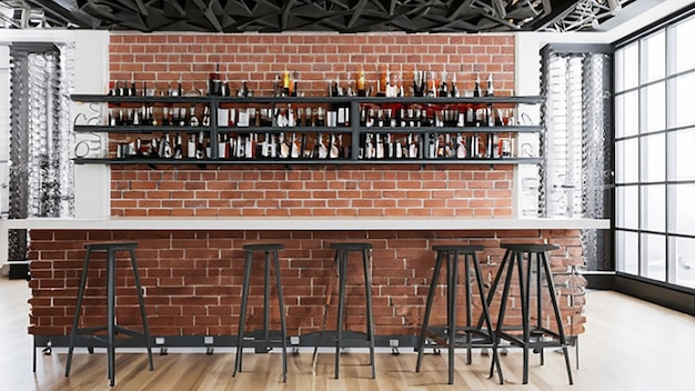 Industrial chic bar area with exposed brick and reclaimed wood shelves