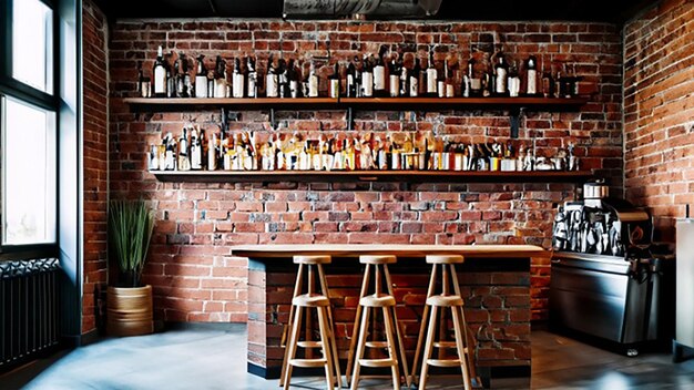 Industrial chic bar area with exposed brick and reclaimed wood shelves