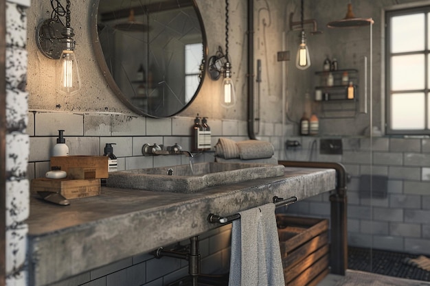 Industrial chic bathroom with concrete countertops