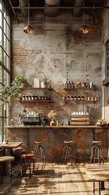 Industrial chic coffee shop with metal accents and communal seatingd render