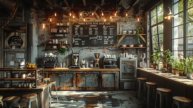 Industrial chic coffee shop with metal accents and communal seatingk