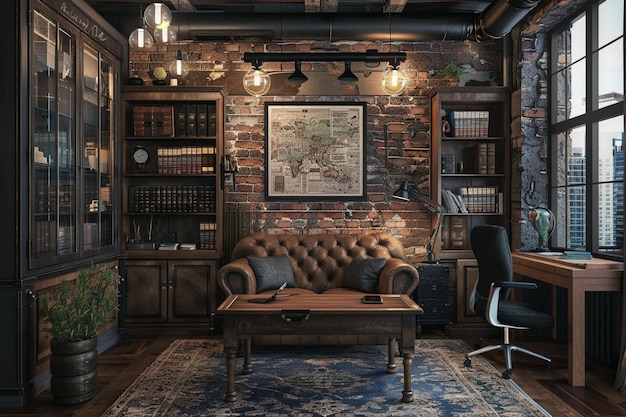 Industrial chic home office with exposed piping an
