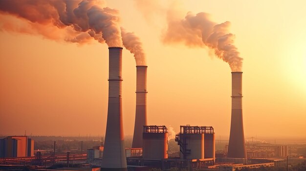 Industrial chimneys in the evening light global warming toxic air at sunset industry Generative Ai