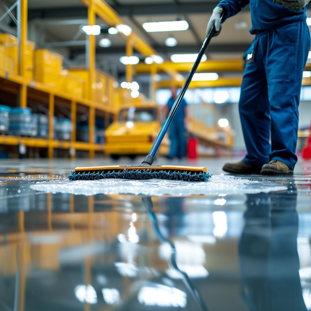 Industrial cleaning service staff using a mop in a warehouse For Social Media Post Size