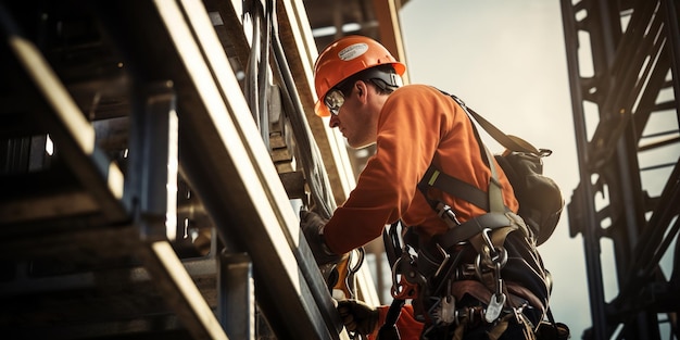 An industrial climber hangs at heights skillfully and safely performing complex tasks on buildings and structures AI Generative AI