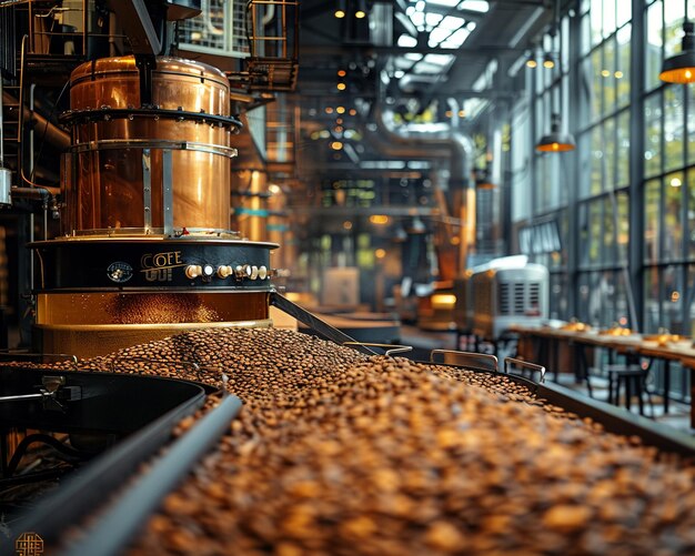 Photo industrial coffee roastery with beans and equipment in motion