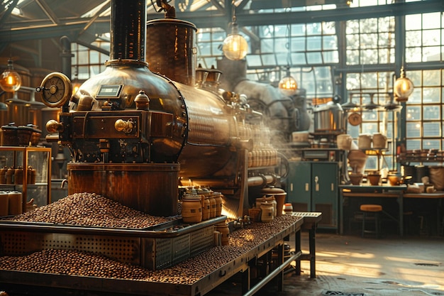 Industrial coffee roastery with beans and equipment in motion