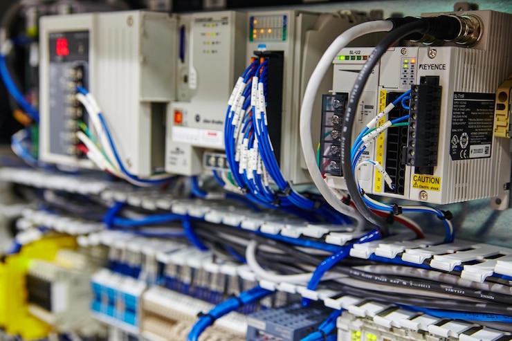 Photo industrial control panel with network cables and safety warning