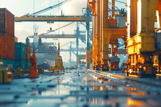 Industrial cranes loading cargo onto ships in a bu