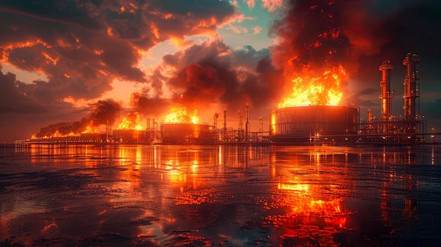 Industrial disaster concept fire at an oil refinery petrochemical plant with equipment