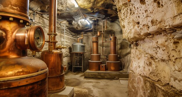 Photo industrial distillery interior with copper still