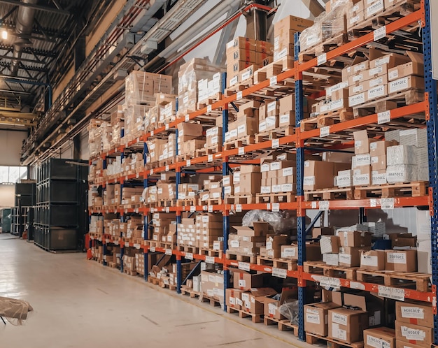 Industrial distribution composition Storage with high shelves cargo boxes on racks