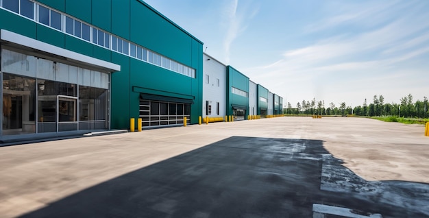 an industrial driveway with green paint and large garage