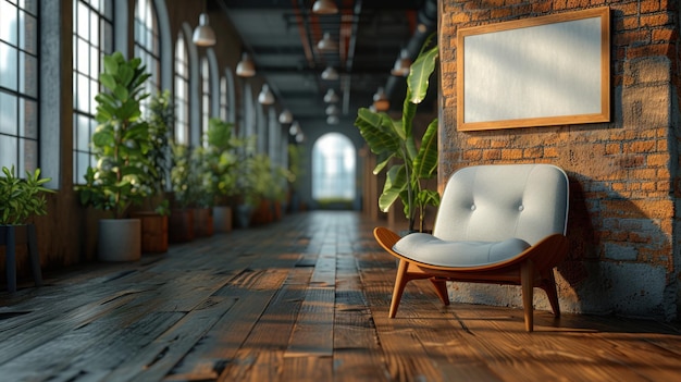 Industrial Elegance Chic Lounge Area with Brick Wall and Indoor Plants