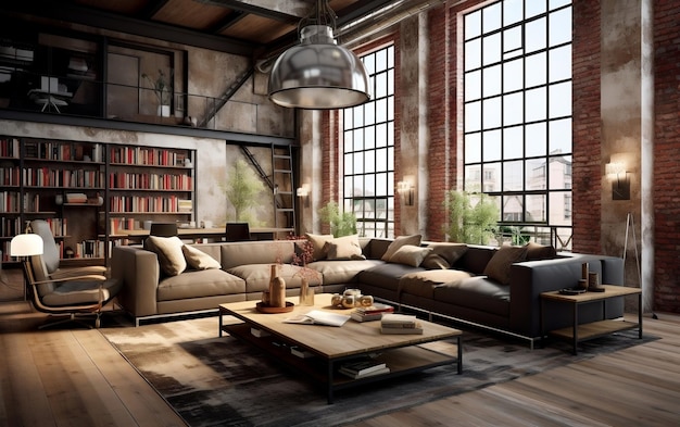 Industrial Elegance Loft Inspired Living Room Design Generative AI