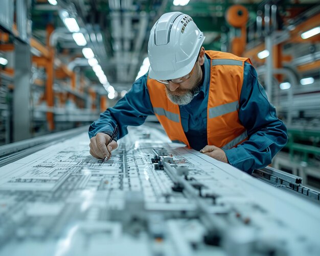 Industrial engineer overseeing automated production line machinery and blueprints blur