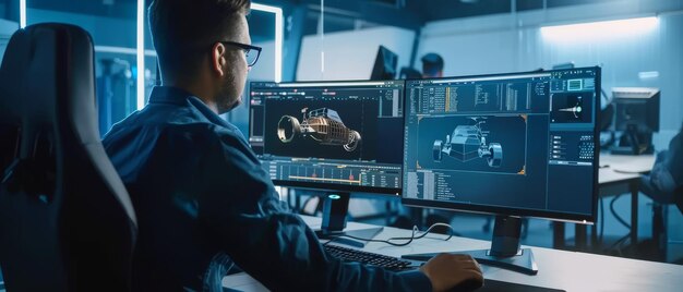 An industrial engineer solving problems using CAD software two monitors show a 3D prototype of an ecofriendly electric engine concept