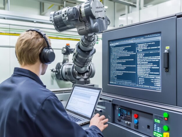 Industrial engineer using cnc lathe software with robot arm in advanced ...
