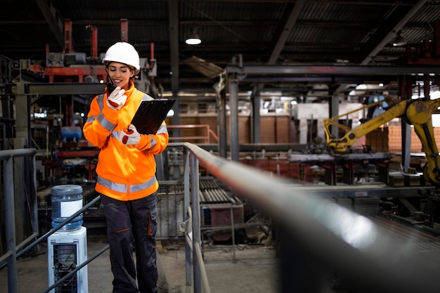 Industrial engineer walking through heavy industry manufacturing factory