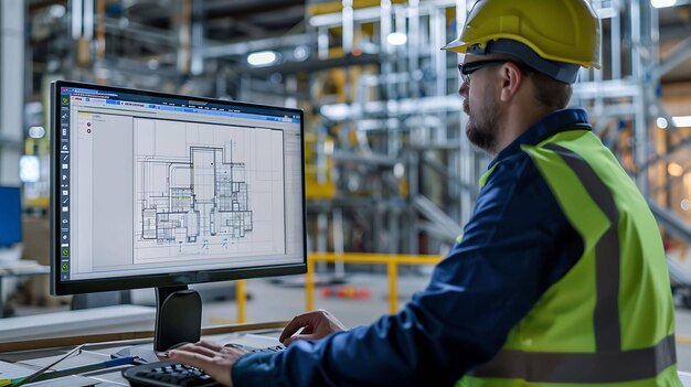 An industrial engineer wearing a hard hat and safety glasses operates a computer in a factory setting