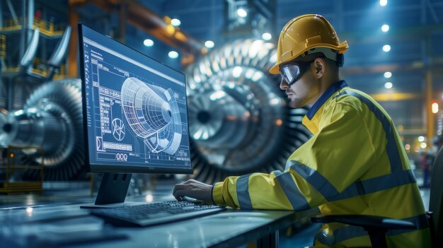 Photo an industrial engineer works on cad software on a desktop computer at a turbine engine startup facility hightech engine specialists and professionals