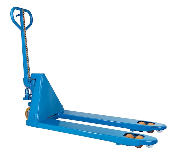 Industrial Equipment Warehouse, blue manual hand hydraulic pallet truck, forklift, isolated on a white background, saved path, nobody.