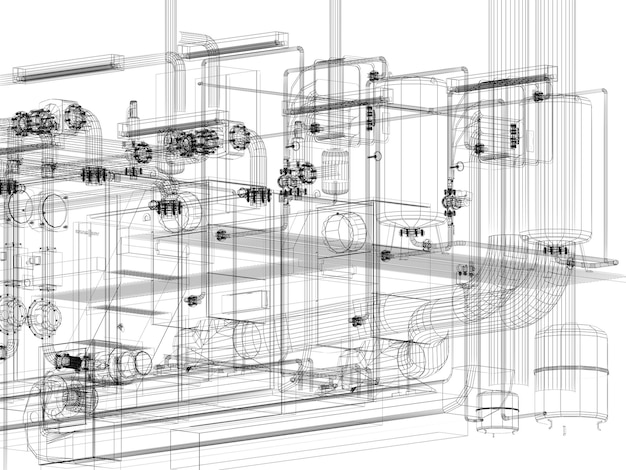 industrial equipment with piping in the factory 3d rendeing wire frame