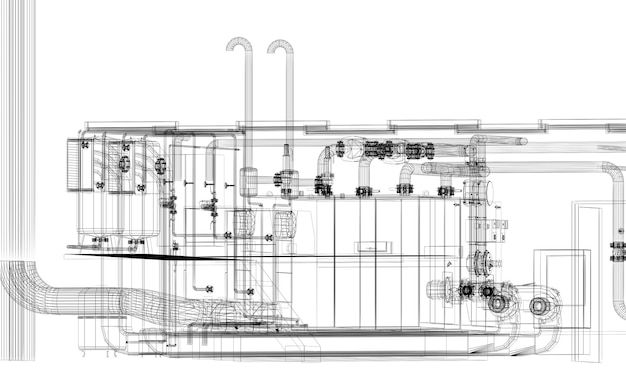 industrial equipment with piping in the factory 3d rendeing wire frame