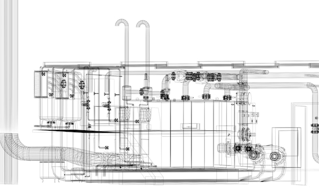 Промышленное оборудование с трубопроводами на заводе 3d визуализация проволочной рамы