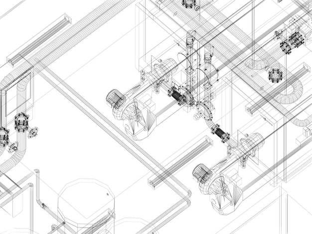 Промышленное оборудование с трубопроводами на заводе 3d визуализация проволочной рамы