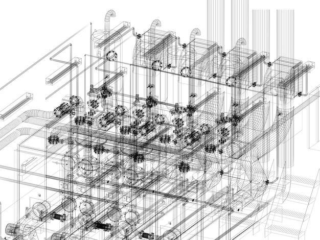 Industrial equipment with piping in the factory 3d rendeing wire frame