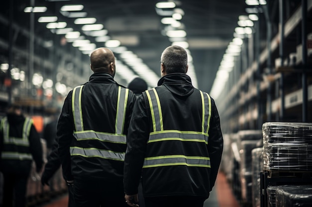 Industrial essence Closeup of black and whiteclad workers exploring an expansive warehouse