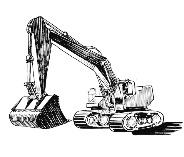 Industrial excavator. Ink black and white drawing