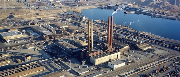 Industrial Expanse Capturing the Aerial Landscape of Smokestacks