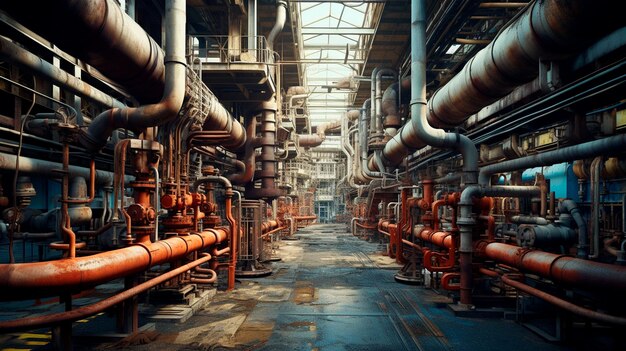 Photo industrial factory interior with pipes valves equipment valves and pipes