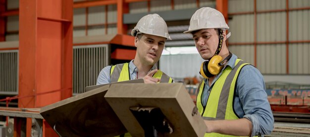 Industrial factory and manufacturing concept. Engineering with technician inspect the production of goods and machines.