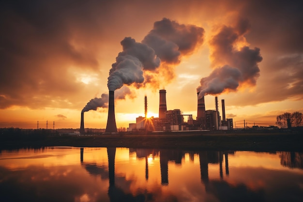 Industrial factory tall smokestacks released smoky emissions from smoke pipes CO2 greenhouse gas