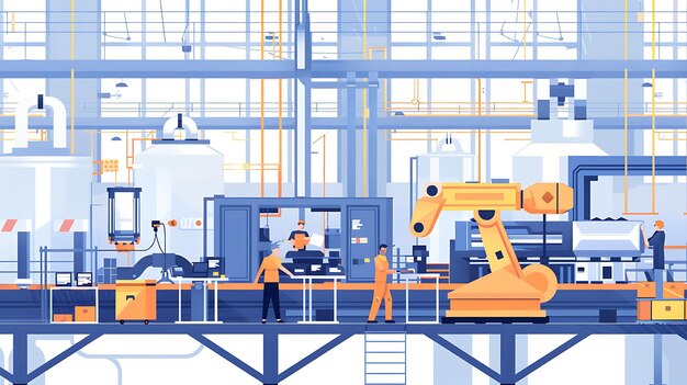 Photo industrial factory with candidates debating on labor policie banner poster 2d flat simple america