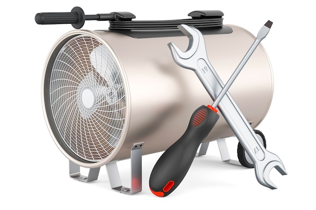 Industrial fan heater with screwdriver and wrench 3D rendering isolated on white background