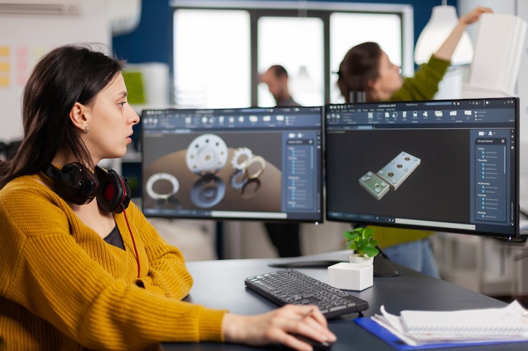 Photo industrial female engineer looking at personal computer with dual monitors setup, screens showing cad software with 3d prototype of gears metalic mechanical piece