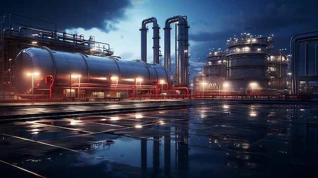 Photo industrial gas storage tanks in a sprawling complex with a reflective surface