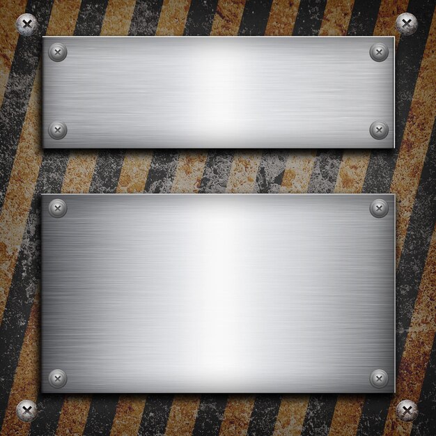 Industrial grungy steel plate with black and yellow strip under aluminum shape