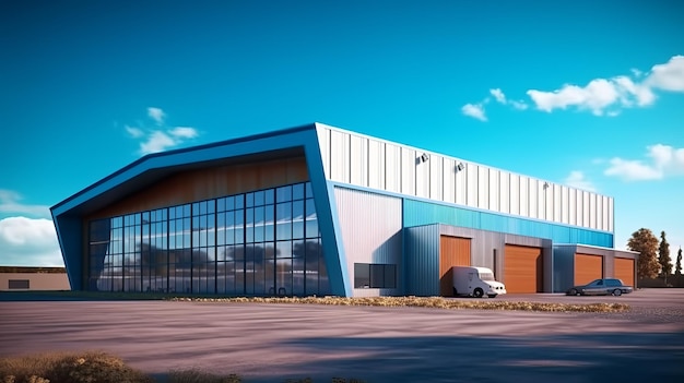 Industrial hangar Warehouse building exterior Industrial building under blue sky