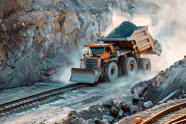 Industrial heavy machines with conveyor belts crushing stones for covering railway tracks in quarry