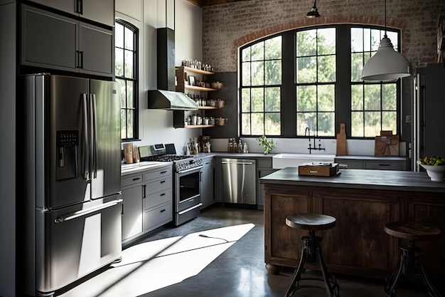 Industrial home kitchen with sleek appliances concrete countertops and farmhouse sink created with g