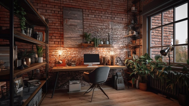 Industrial home office boasts a perfect balance of ruggedness and sophistication featuring exposed brick walls polished concrete floors and a sleek minimalist design Generated by AI