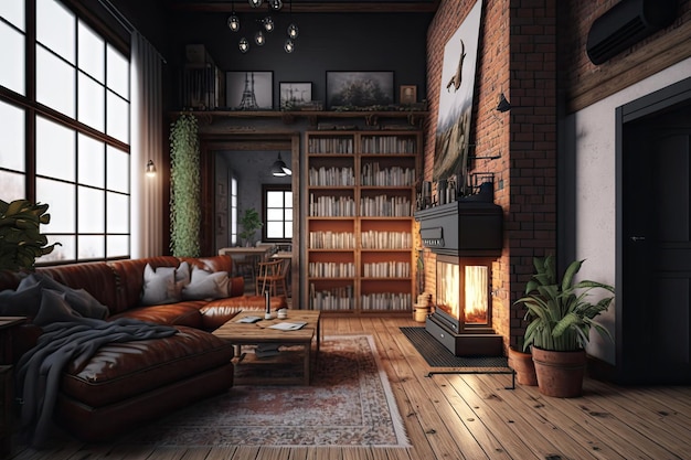 Industrial home with cozy fireplace and bookshelf for relaxing evening created with generative ai