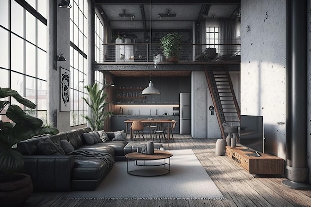 Industrial home with minimalist decor and clean lines created with generative ai