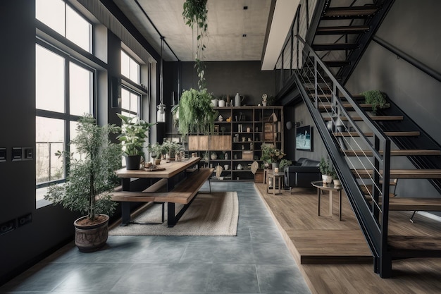 Industrial home with natural accents including greenery and flowers created with generative ai